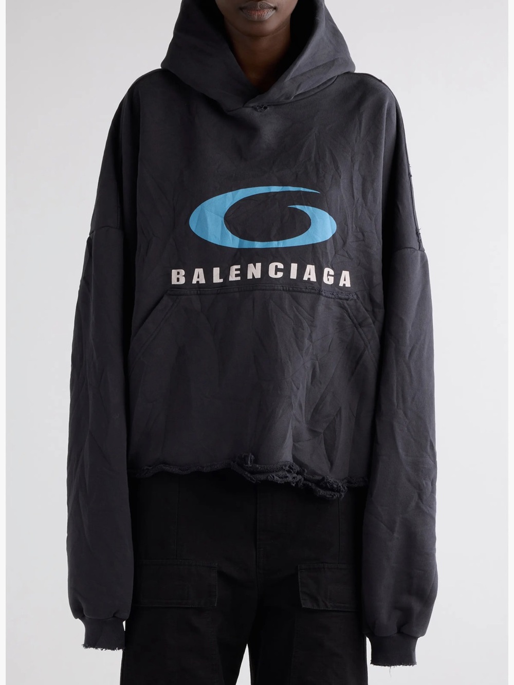 BALENCIAGA Amazing Distressed Logo Oversized Crop Hoodie L/XL NWT $1,150!!
